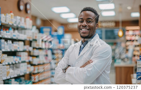 Professional pharmacist in white coat smiling confidently in a modern pharmacy, standing in front of shelves stocked with medications and healthcare products 120375237