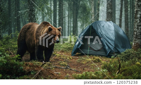 A large brown bear stands near a tent in a misty, dense forest, surrounded by tall trees and green undergrowth, creating a tense and mysterious wilderness atmosphere 120375238
