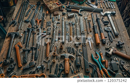 A neatly organized collection of various tools laid out on a workbench, showcasing wrenches, hammers, screwdrivers, and other hand tools, creating an image of precision, craftsmanship, and readiness 120375242