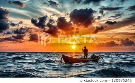 Silhouetted fisherman standing in a small wooden boat on choppy ocean waters against a dramatic sunset sky with vibrant orange clouds and golden sun Silhouetted fisherman standing in a small wooden boat on choppy ocean waters against a dramatic sunset sky with vibrant orange clouds and golden sun 120375245