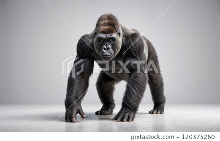 Gorilla captured in a powerful stance, showcasing strength, intelligence, and the raw beauty of wildlife, with a minimalistic white backdrop emphasizing its form 120375260