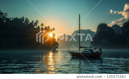 Tranquil sailboat drifting on calm waters at sunrise, surrounded by lush tropical palms and misty mountains, creating a serene and picturesque seascape 120375261