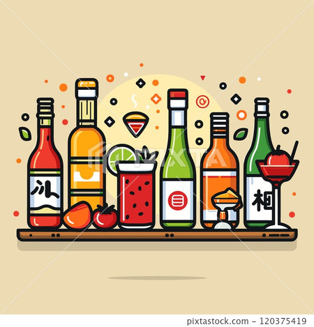 Colorful flat line art vector illustration of a set of alcoholic beverages. 120375419