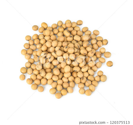Flat lay (top view) Pile of Soybeans isolated on white background. 120375513