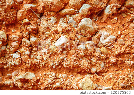 Close-up View of a Textured Orange Clay Wall With Pebbles and Natural Features in Sunlight 120375563