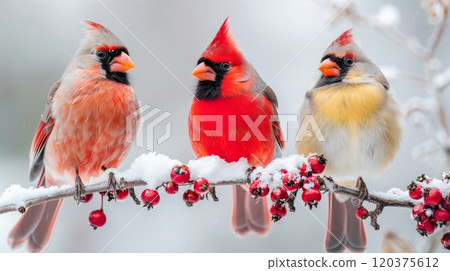 Colorful Cardinals Perched on a Snowy Branch With Red Berries During a Winter Day in Nature 120375612