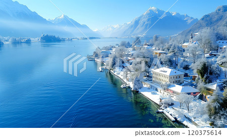 Winter Landscape of a Serene Lake With Snow-Covered Mountains and Cozy Houses in the Alps 120375614