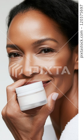 Mature beauty model with skincare cream - studio close-up for wellness and cosmetics Mature beauty model with skincare cream - studio close-up for wellness and cosmetics 120375697