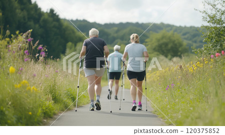 Nordic walking in scenic nature: active lifestyle and outdoor wellness 120375852