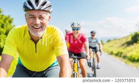 Scenic coastal cycling adventure: group of cyclists enjoying a sunny ride Scenic coastal cycling adventure: group of cyclists enjoying a sunny ride 120375855
