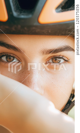 Close-up of cyclist adjusting helmet for safe outdoor adventure 120375856