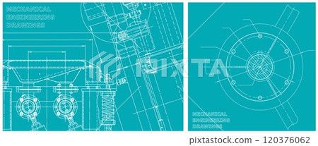 Blueprint illustration set. Engine line drawing Blueprint illustration set. Engine line drawing 120376062