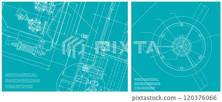 Blueprint illustration set. Engine line drawing Blueprint illustration set. Engine line drawing 120376066