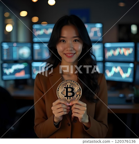 在加密貨幣交易室裡微笑著持有比特幣的女人 120376136
