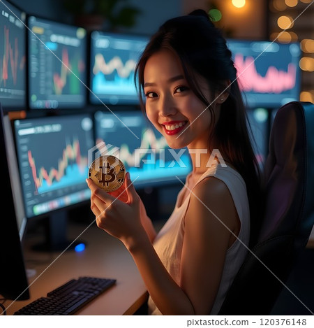 在加密貨幣交易室裡微笑著持有比特幣的女人 120376148