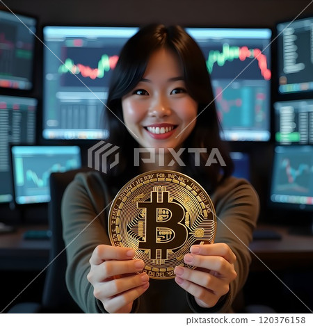 在加密貨幣交易室裡微笑著持有比特幣的女人 120376158