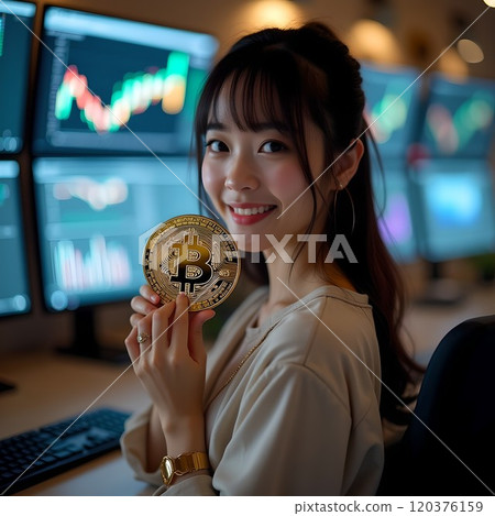 Smiling woman holding bitcoin in cryptocurrency trading room 120376159