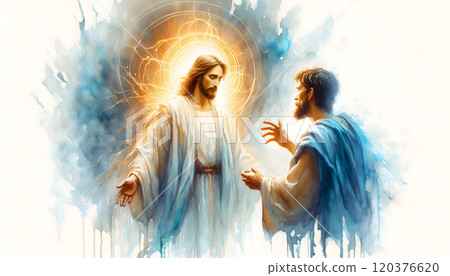 Jesus, surrounded by radiant light and angelic forms, reaches out with open arms to a man dressed in humble robes 120376620