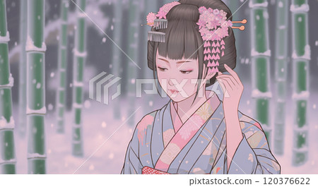 舞妓安靜的冬天:京都的竹林雪景,插畫 舞妓安靜的冬天:京都的竹林雪景,插畫 120376622