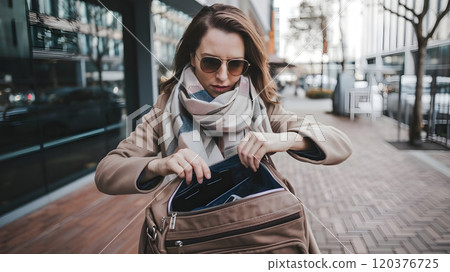 A woman stands on a busy city street, anxiously searching through her bag 120376725