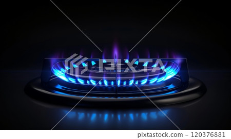 A close-up view of a blue flame burning on a gas stove. The flames are symmetrical, vibrant, and clearly capture the intensity of the heat being generated. The stovetop appears clean and modern 120376881
