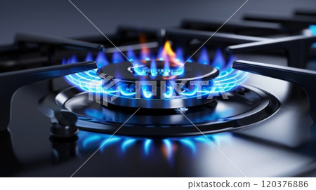 A close-up view of a blue flame burning on a gas stove. The flames are symmetrical, vibrant, and clearly capture the intensity of the heat being generated. The stovetop appears clean and modern 120376886