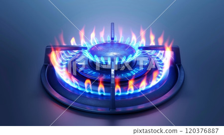 A close-up view of a blue flame burning on a gas stove. The flames are symmetrical, vibrant, and clearly capture the intensity of the heat being generated. The stovetop appears clean and modern A close-up view of a blue flame burning on a gas stove. The flames are symmetrical, vibrant, and clearly capture the intensity of the heat being generated. The stovetop appears clean and modern 120376887