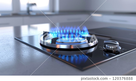 A modern kitchen features a sleek gas stove with blue flames glowing on the burners. Notice the clean countertop and a softly lit background, emphasizing an efficient cooking environment 120376888