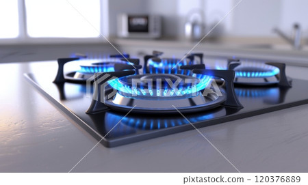 A modern kitchen features a sleek gas stove with blue flames glowing on the burners. Notice the clean countertop and a softly lit background, emphasizing an efficient cooking environment 120376889