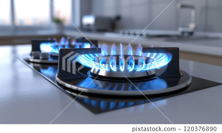 A modern kitchen features a sleek gas stove with blue flames glowing on the burners. Notice the clean countertop and a softly lit background, emphasizing an efficient cooking environment A modern kitchen features a sleek gas stove with blue flames glowing on the burners. Notice the clean countertop and a softly lit background, emphasizing an efficient cooking environment 120376890