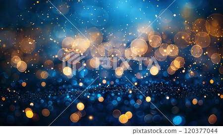 A vibrant display of colorful bokeh lights against a blurred blue background, featuring varying sizes of circular highlights. The image evokes a dreamy, festive atmosphere 120377044