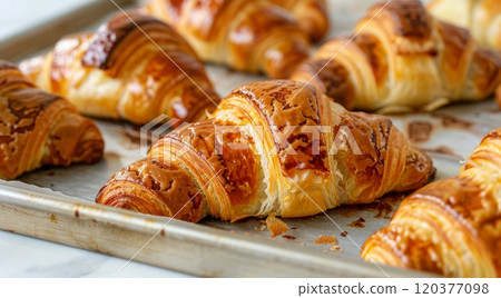 Golden flaky croissants fresh out of the oven are placed on a lined baking sheet. The pastries have a perfect crispy exterior, showcasing their multiple layers and buttery texture, ideal for breakfast 120377098