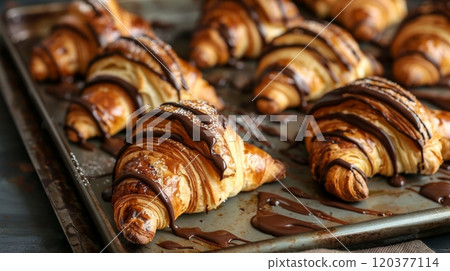 photo shows freshly baked croissants drizzled with chocolate and dusted with powdered sugar on a baking tray. The croissants have a golden-brown, flaky crust, creating an inviting and delicious scene 120377114