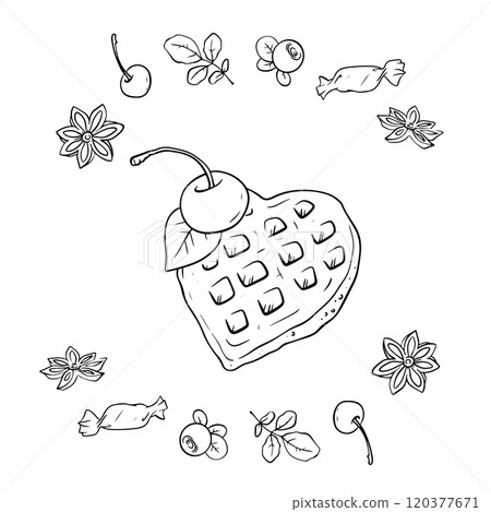 Vector illustration set of cupcakes with ingredients - berries, spices, sweets hand drawn in doodle style. 120377671