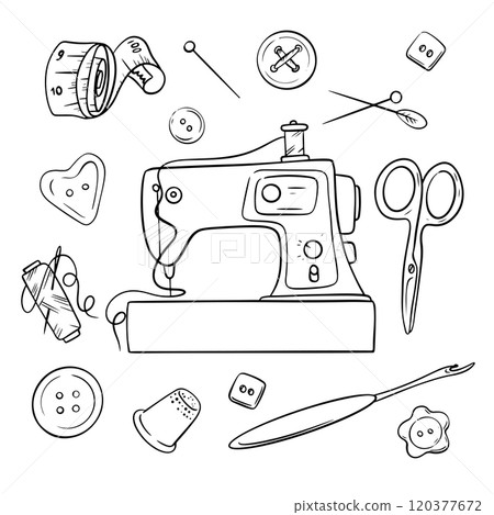 Vector illustration pincushion and sewing accessories. Handicraft tools hand drawn in doodle style. Vector illustration pincushion and sewing accessories. Handicraft tools hand drawn in doodle style. 120377672