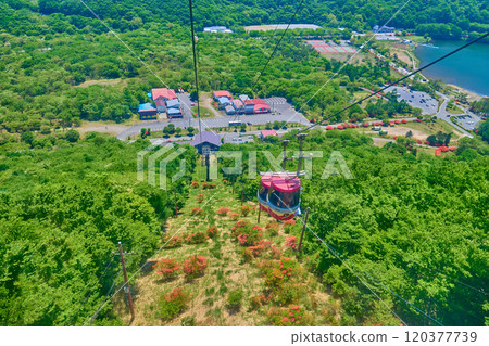 View towards Kogen Station at the foot of Mount Haruna from the Mount Haruna Ropeway in Takasaki City, Gunma Prefecture in spring 120377739