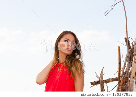 Portrait of gorgeous fashionable woman outdoor. Portrait of gorgeous fashionable woman outdoor. 120377932