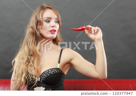 Beautiful lady has red pepper. Beautiful lady has red pepper. 120377947