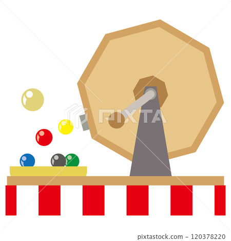 Vector illustration of a deformed Garapon lottery machine and auspicious red and white curtain Vector illustration of a deformed Garapon lottery machine and auspicious red and white curtain 120378220