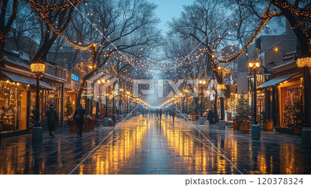 A Serene Winter Street adorned with Festive Lights and Their Beautiful Reflections 120378324