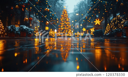 Embark on a Magical Winter Walk showcasing enchanting Christmas Lights and a Reflective Pathway Embark on a Magical Winter Walk showcasing enchanting Christmas Lights and a Reflective Pathway 120378330