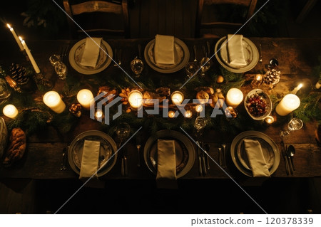 An Elegant Candlelit Dining Table Perfect for Creating a Cozy and Inviting Gathering Atmosphere 120378339