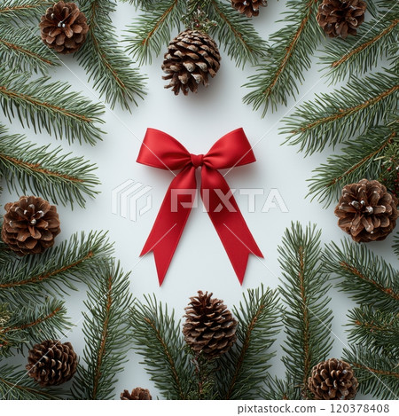 A Beautiful Festive Christmas Decoration featuring Pinecones beautifully accented with Red Ribbon 120378408