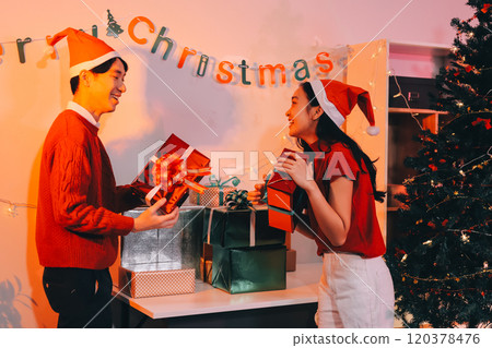 Group of happy Asian friends celebrating Christmas and decorate the Christmas tree indoors. Beauty woman with Christmas Gifts. New Year party. Woman hands decorate Christmas tree red ball, bauble. Group of happy Asian friends celebrating Christmas and decorate the Christmas tree indoors. Beauty woman with Christmas Gifts. New Year party. Woman hands decorate Christmas tree red ball, bauble. 120378476
