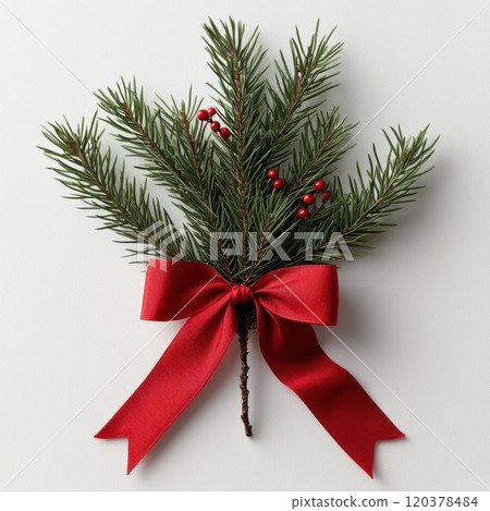 A Wonderful Festive Christmas Sprig Beautifully Adorned with a Vibrant Red Bow and Cheerful Berries 120378484