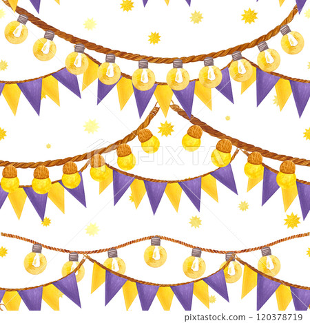 Outdoor string lights and colorful flag garland with stars seamless pattern isolated on white. Hand painted in watercolor. Perfect for Christmas design, package, textile, wrapping paper, card, poster Outdoor string lights and colorful flag garland with stars seamless pattern isolated on white. Hand painted in watercolor. Perfect for Christmas design, package, textile, wrapping paper, card, poster 120378719