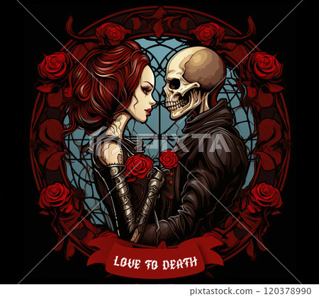 Gothic Skeleton couple in love with red roses, love quote Love to death. Print for Valentine's Day, Halloween decor, Gothic wedding decor. 120378990