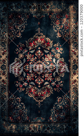 Old Persian rug with detailed geometric motifs, top view with light and shadow pattern and sunlight reflections 120379000
