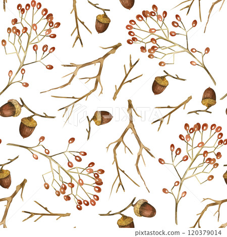 Tree branches, viburnum berries, acorns hand-drawn in watercolor on a white background. Seamless watercolor pattern. Suitable for printing on fabric, paper, wrapping paper, scrapbooking and cards. Tree branches, viburnum berries, acorns hand-drawn in watercolor on a white background. Seamless watercolor pattern. Suitable for printing on fabric, paper, wrapping paper, scrapbooking and cards. 120379014