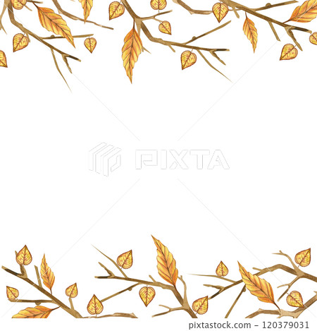Bare tree branches, autumn leaves, square frame for postcards and invitations. All objects are hand-drawn with yellow and brown watercolor. Suitable for printing and scrapbooking. 120379031